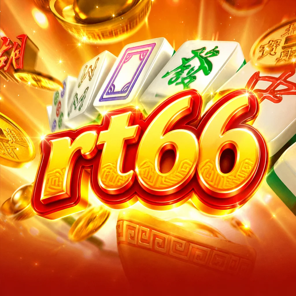 Logo rt66 emas di depan ubin Mahjong Ways dengan koin dan batangan emas berkilau
