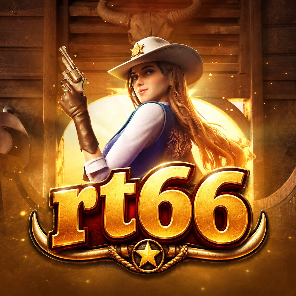 Logo rt66 bergaya koboi dengan karakter wanita penembak dalam Wild Bounty Showdown